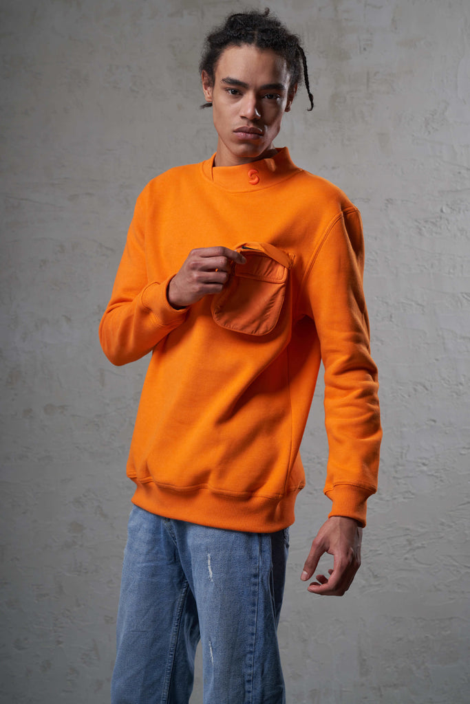 orange color eco-friendly man sweatshirt with a detachable pocket