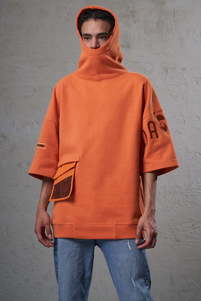 black man wearing orange color hoodie sweatshirt with short sleeves and wallet pocket