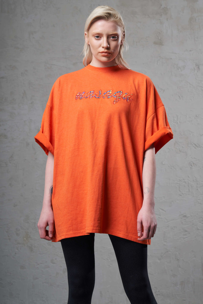 bright orange eco-friendly cotton women t-shirt top with  rainbow embroidery