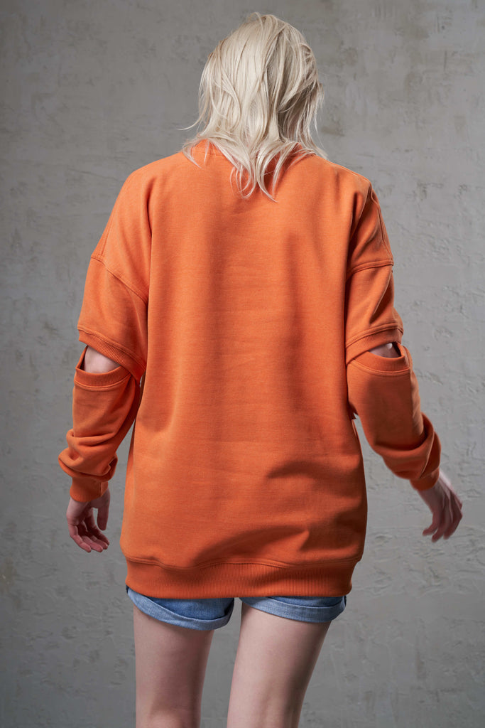 back of a sustainable cotton sweatshirt with cutout arms