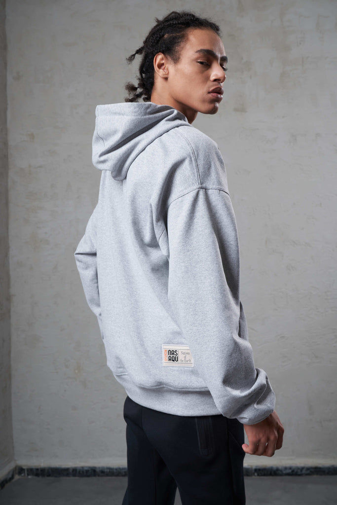 back of a grey colored ethical cotton zip through man hoodie