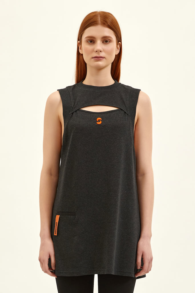 front of dark grey sleeveless top with micro pocket