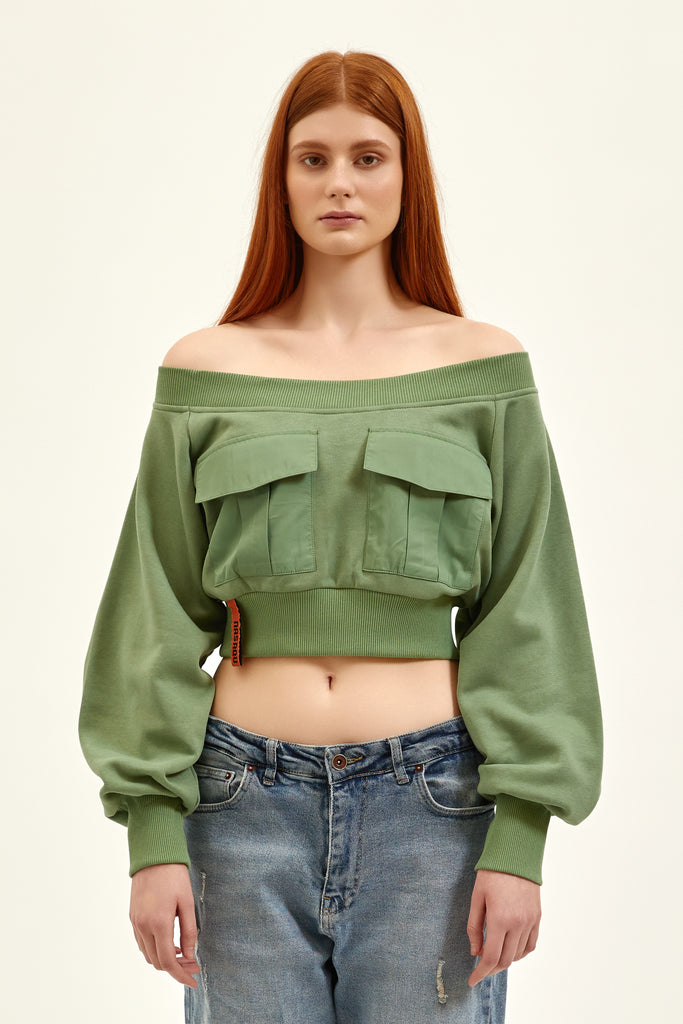 nasaqu brand grass green crop top with off shoulder and thumb holes