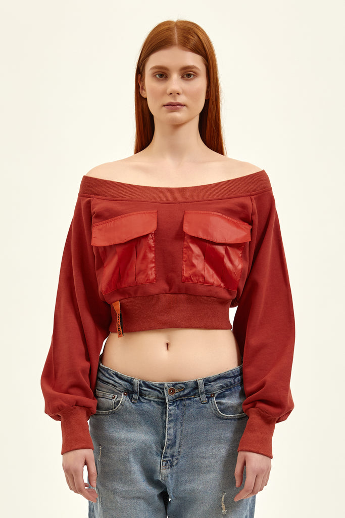 terracotta color amazing off shoulder crop top with big pockets and thumb hole nasaqu brand