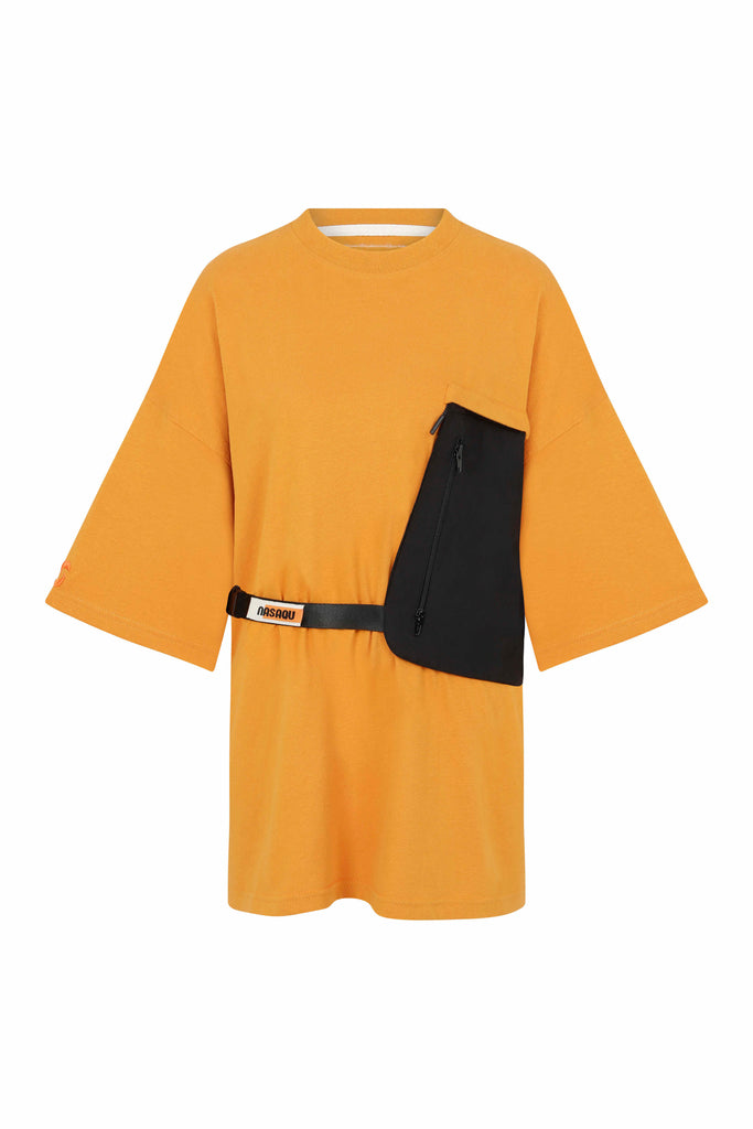 black cross body bag attached to the t-shirt 