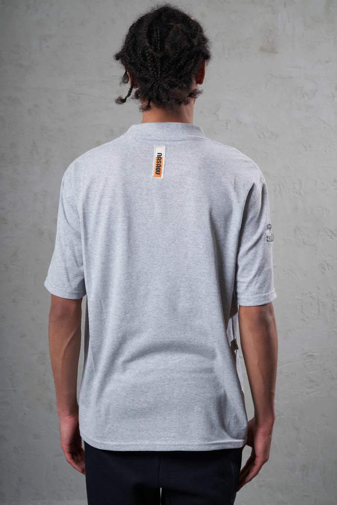 back of a ethically made grey recycled cotton t-shirt