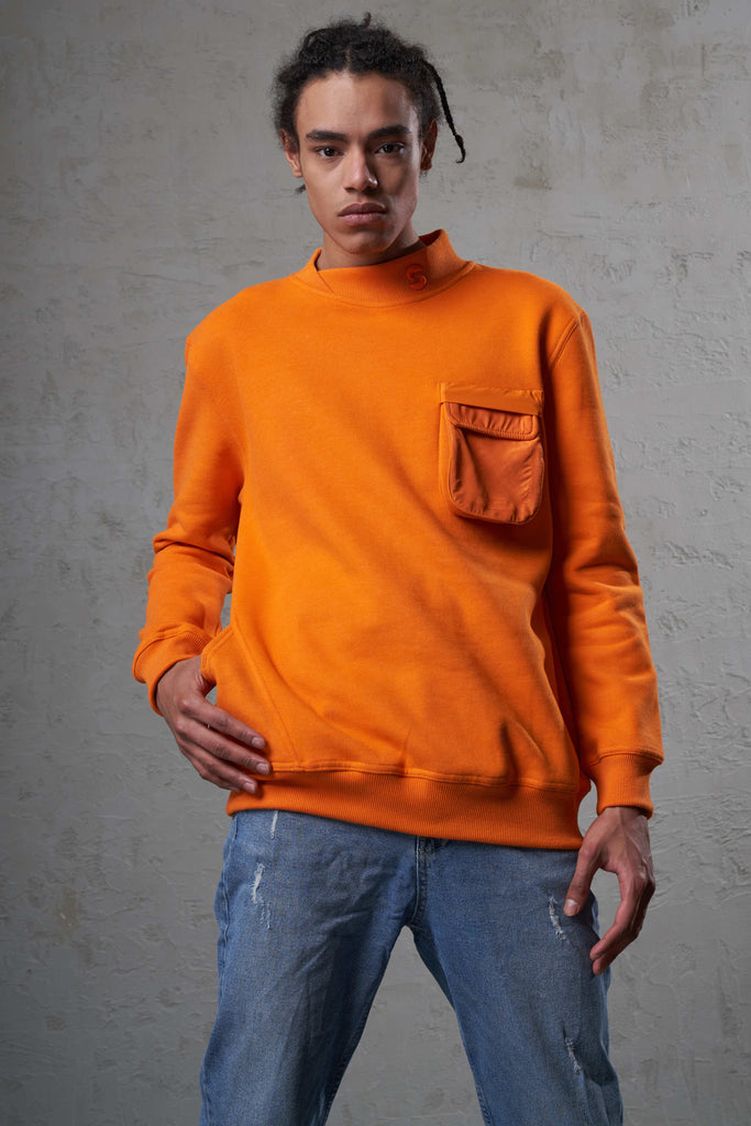 orange color sustainable asymmetric high collar man sweatshirt 