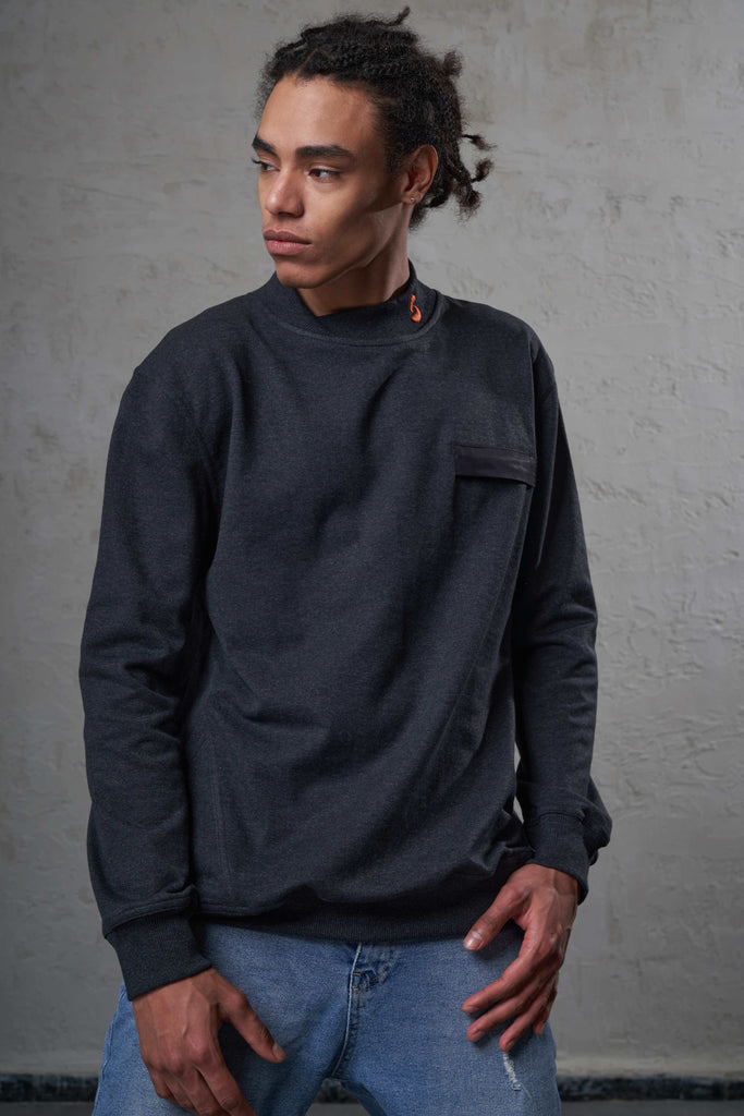 young black man wearing dark grey eco-friendly sweat with 