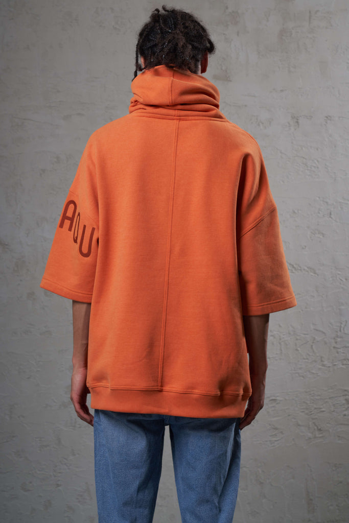 back of an shortsleeve orance cotton fleece hoodie with embroidery on the arm 