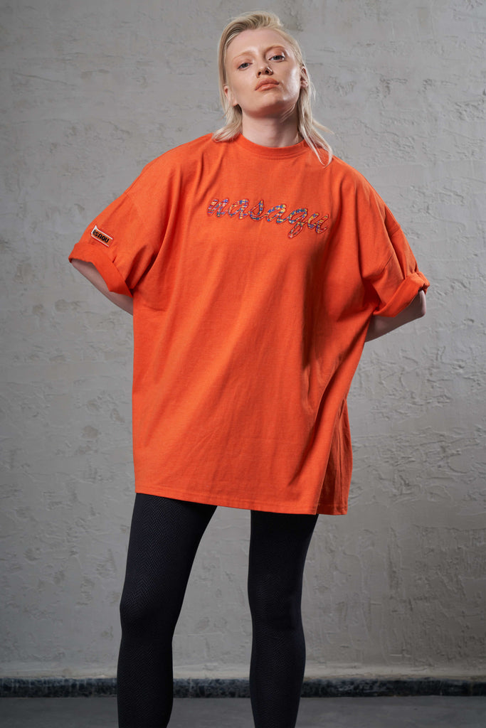 amazing rainbow embroidery on a eco-friendly orange color oversize women t-shirt top
