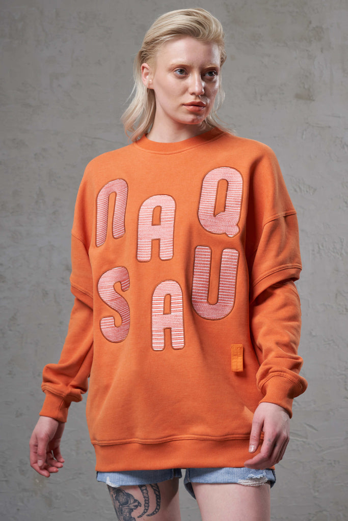 orange cutout long sleeves sustainable women sweatshirt with beautiful embroidery