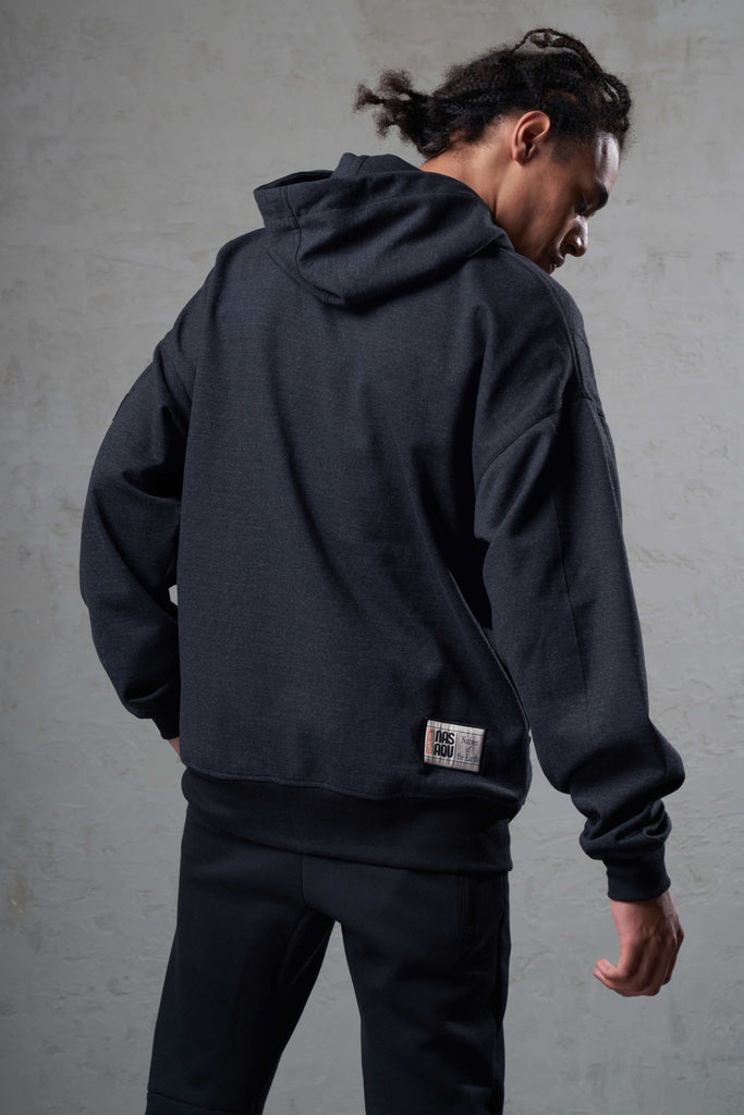 back of an ethically made cotton charcoal zip through hoodie
