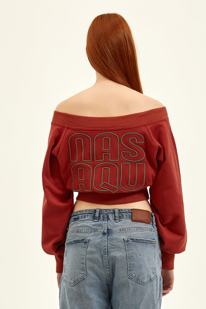 back of terracotta color nasaqu crop top with amazing embroidery design